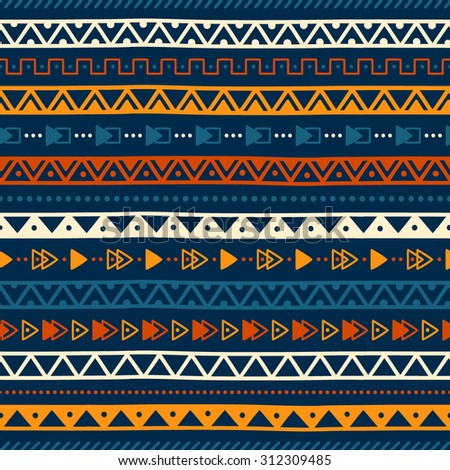 Seamless geometric background. Ethnic motives. Ornament handmade. Blue, orange and white colors. Vector illustration. Horizontal stripes.