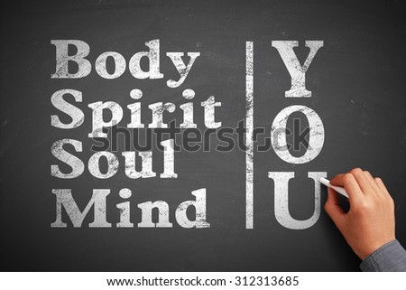 Hand with chalk is writing the concept of You Body Spirit Soul Mind on the blackboard.