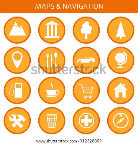 Web icons set for navigation and travel: landmarks, trees,  pointer, cafes, car, globe, world, map, filling, coffee shop, home, repair, workshop, trashcan, medical assistance, compass. Flat design.