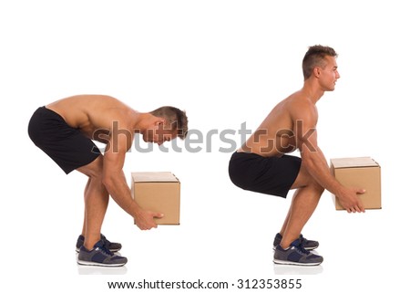 Incorrect And Correct Posture While Lifting Weight. Young fit man showing how to pick up a heavy carton box. Side view. Full length studio shot isolated on white. Royalty-Free Stock Photo #312353855