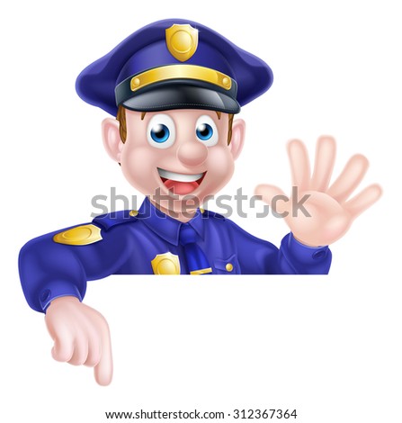 A cartoon friendly policeman leaning over a sign waving and pointing at it