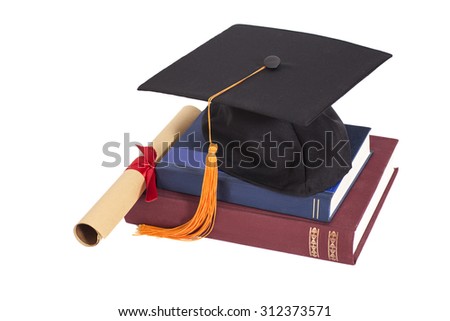 Graduation Hat with Diploma and books isolated Royalty-Free Stock Photo #312373571