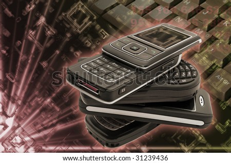 Several cellphones with hightech background