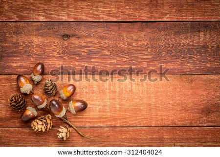 grunge red barn wood  background with acorns and cones fall decoration