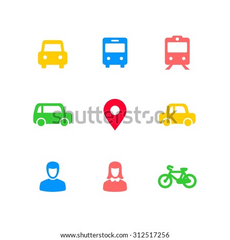 A collection of nine abstract flat design style vector transport icons isolated on a white background