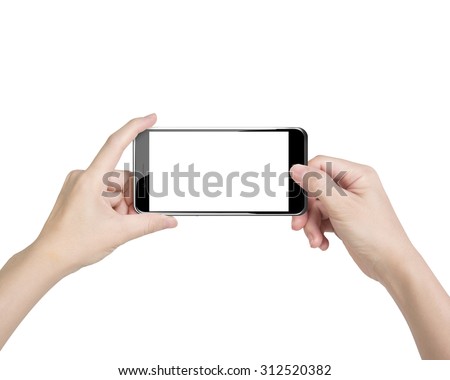 Female hands taking photo with smart phone of blank white touch screen, front view, isolated on white.