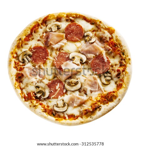 Savory Italian ham and salami pizza with mushroom topping on a crusty base viewed whole and uncut from above isolated on white