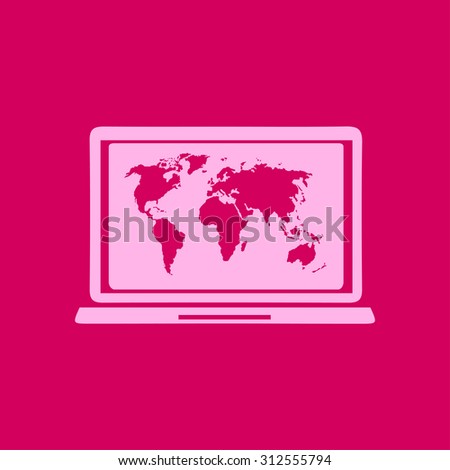 Laptop and world map illustration. World map geography symbol.  Flat design style. Vector EPS 10.