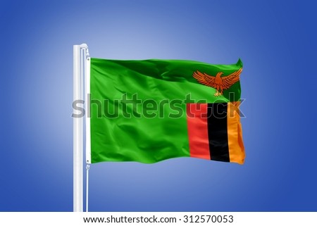 Flag of Zambia flying against a blue sky.