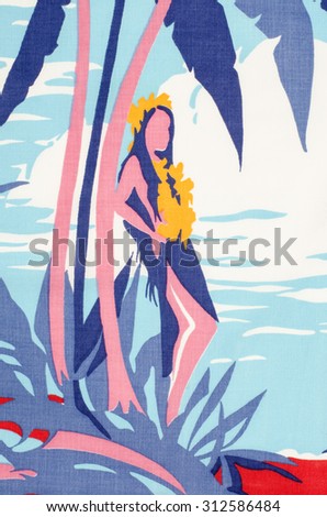 Girl standing under a tropical palm tree as a pattern on fabric. Hawaiian woman with wreath of yellow flowers  under a palm tree with blue leaves print as background.