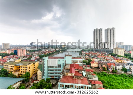 Aerial view of Ha Dong district, a suburb area of Hanoi with high-rise under construction, town houses, apartment buildings. Home and office construction have been rising in Vietnam lately