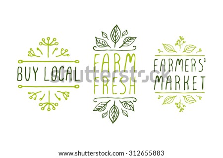 Hand-sketched typographic elements. Farm product labels. Suitable for ads, signboards, packaging and identity and web designs. Buy local. Farm fresh. Farmers market. Royalty-Free Stock Photo #312655883