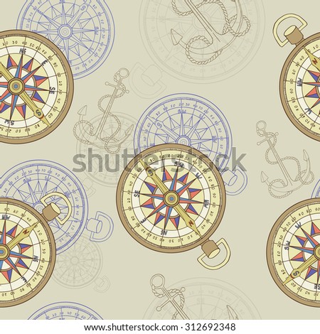 Vintage seamless background with compass and anchor, with hand drawn elements