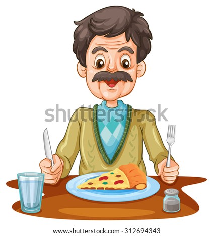 Old man eating pizza on the table illustration
