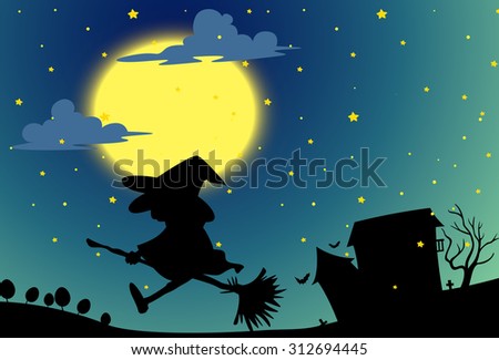 Silhouette witch flying on broom at night illustration