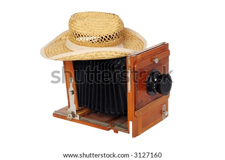 straw hat Vintage wood photo camera
