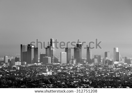 Downtown Los Angeles skyline at twilight CA.