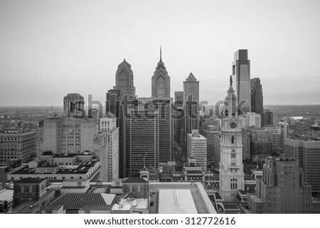 Skyline of downtown Philadelphia at sunset in black and white