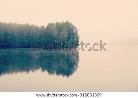 Amazing and silent morning by the lake. A small island is reflecting it's treeline on a still water. Image has a vintage effect applied.