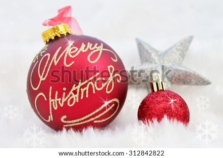 Christmas decorations bauble balls on abstract snow background with snowflakes, Christmas Red silver decorations bauble sparkle glitter Christmas decoration with fluffy fake snow made of white fur