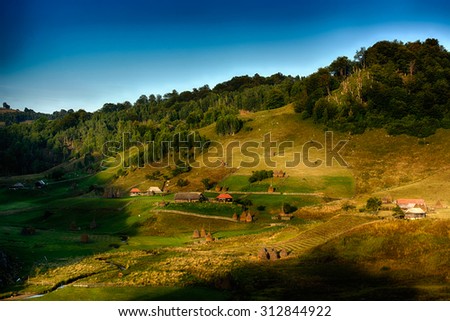 mountain landscape in summer morning, Romania, Fundatura Ponorului