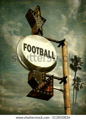  aged and worn vintage photo of  football sign with palm trees                            