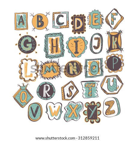 colorful hand drawn doodle alphabet. childish style vector illustration