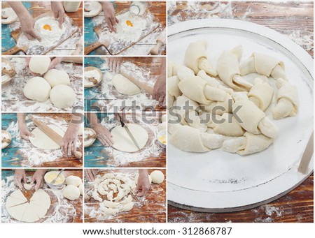 Croissant preparation collage. Picture collage of  Baker  preparing  homemade croissant
