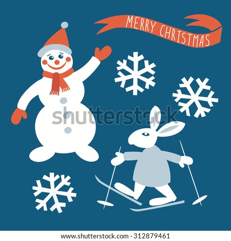 Greeting card with snowman, skiing rabbit and text Merry Christmas. Vector Christmas background. 