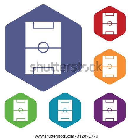 Football field icons set, in hexagon, on colored circles, isolated on white