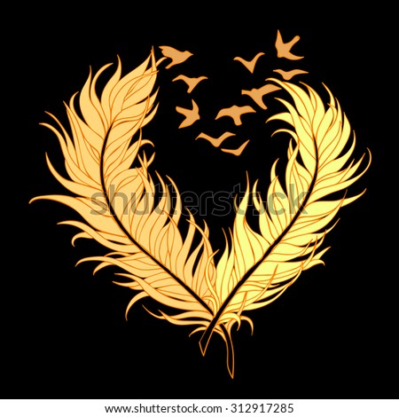 Beautiful delicate feathers of them birds flying off in the form of heart on a black background 