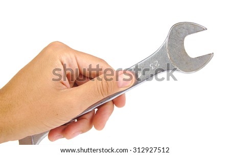 Hand holding a silver wrench isolated on white background