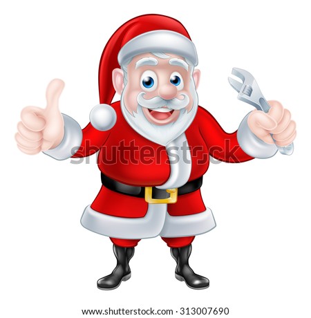 Christmas cartoon Santa Claus holding wrench spanner and giving a thumbs up