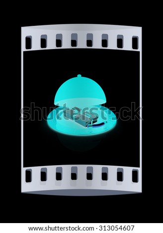 Illustration of a luxury gift on restaurant cloche on a black background. The film strip
