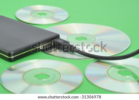 Mobile hard disk, CD-ROM in the green background