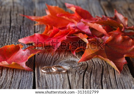 Wedding decoration. Red leaves on weathered table with wedding rings