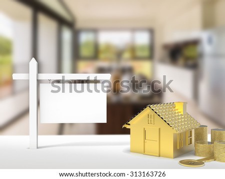 property concept with blank sign and golden house 
