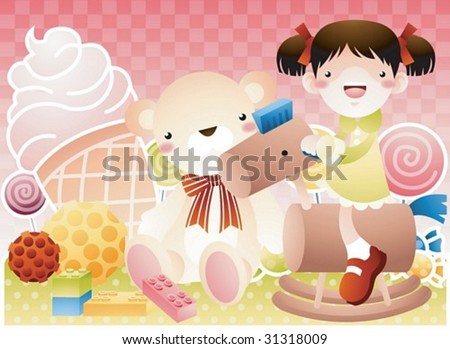 Play Time - enjoying the rides with a cute young girl in the playground on joyful holiday on background with pink check pattern : vector illustration