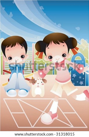 Retro Play Time - enjoying break time with a lovely young girl and a funny boy in the playground on clear sunny day on background with beautiful, bright blue sky and pink field : vector illustration