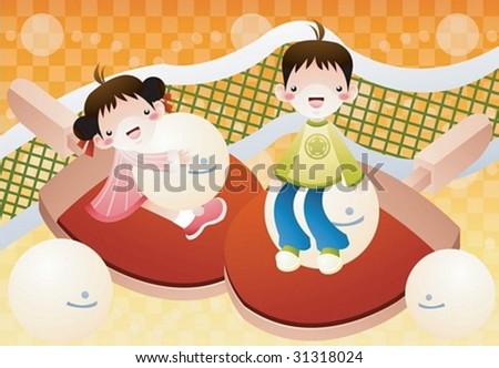 Play Time - enjoy leisure with lovely young girl and cute boy in the gym on physical education class on background with orange check pattern : vector illustration