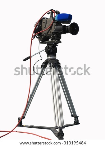  TV Professional studio digital video camera on tripod isolated over white background