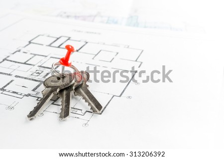 Model house, construction plan for house building, keys, divider compass and clipboard. Real Estate Concept. Top view.