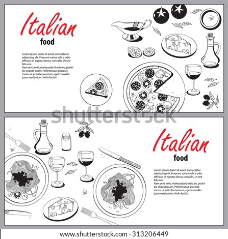 Vector cooking banner template with hand drawn objects on italian food theme: pizza, pasta, tomato, olive oil, olives, cheese, lemon, sauce. Ethnic cuisine concept. Italian cuisine hand drawn objects