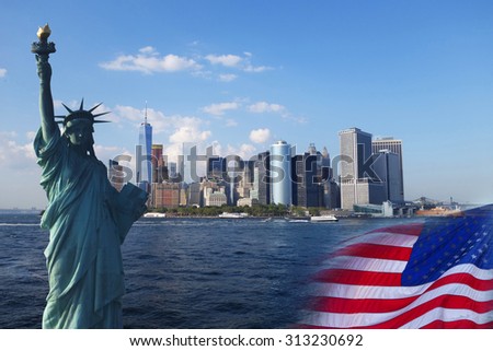 USA mashup - Statue of Liberty, New York, United States Flag Royalty-Free Stock Photo #313230692