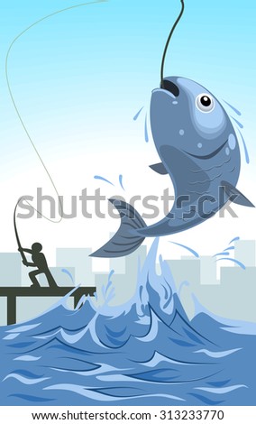 vector fish bait by a fishing man in the dock illustration with blue ocean water