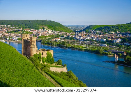 Ehrenfels Castle, Burg Ehrenfels on Rhine river near Ruedesheim and Bingen am Rhein, Hessen, Germany Royalty-Free Stock Photo #313299374