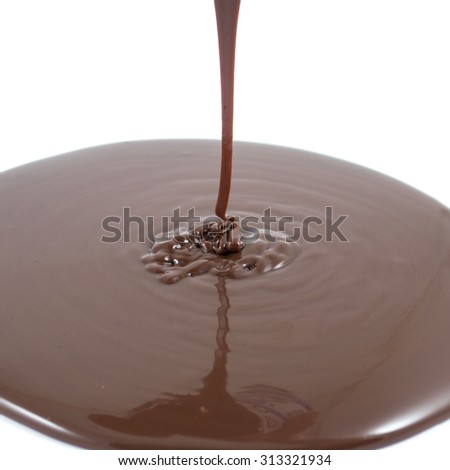 Hot melted chocolate pouring on the white background