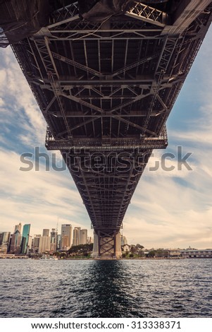 View from the steel structure of the Sydney Harbour Bridge and the Sydney skyline