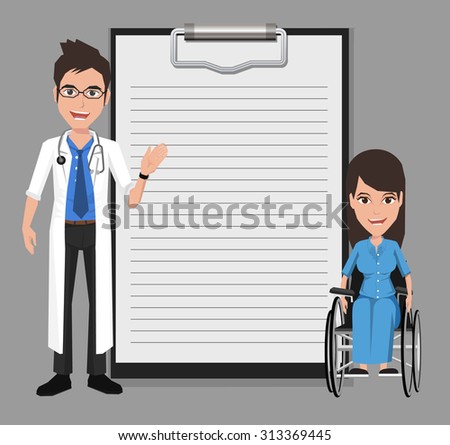 Doctor with woman in a wheelchair showing blank clipboard sign for presentation - character design, vector illustration