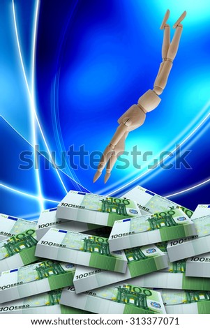 Wooden Mannequin diving in Wad of Pack of 100 euro banknotes